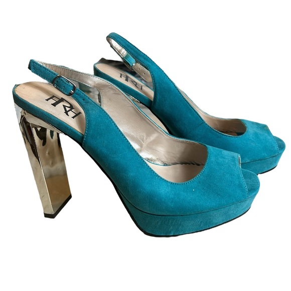Teal Platform High Heels Size 8.5 Womens Block Heel 4.5” Faux Suede Bling Silver - Picture 6 of 13